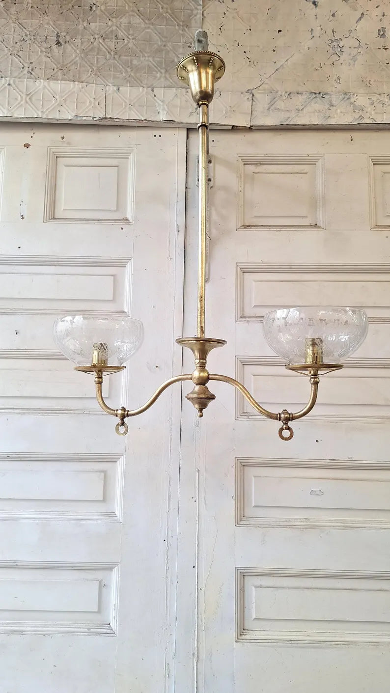 Curved Arm Brass Chandelier with Etched Shades, Antique Ceiling Light from Victorian Home