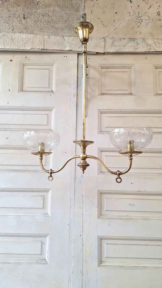 Curved Arm Brass Chandelier with Etched Shades, Antique Ceiling Light from Victorian Home