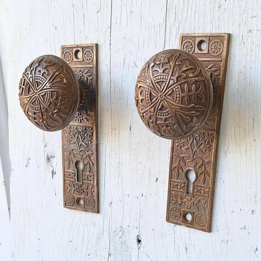 Lockwood Bronze Doorknobs and Backplates Eastlake Design, Complete Set Victorian Hardware 040809