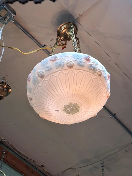 Reverse Painted Glass Victorian Bowl Chandelier, Three Chain Frosted Glass Hanging Light with Bronze Metal