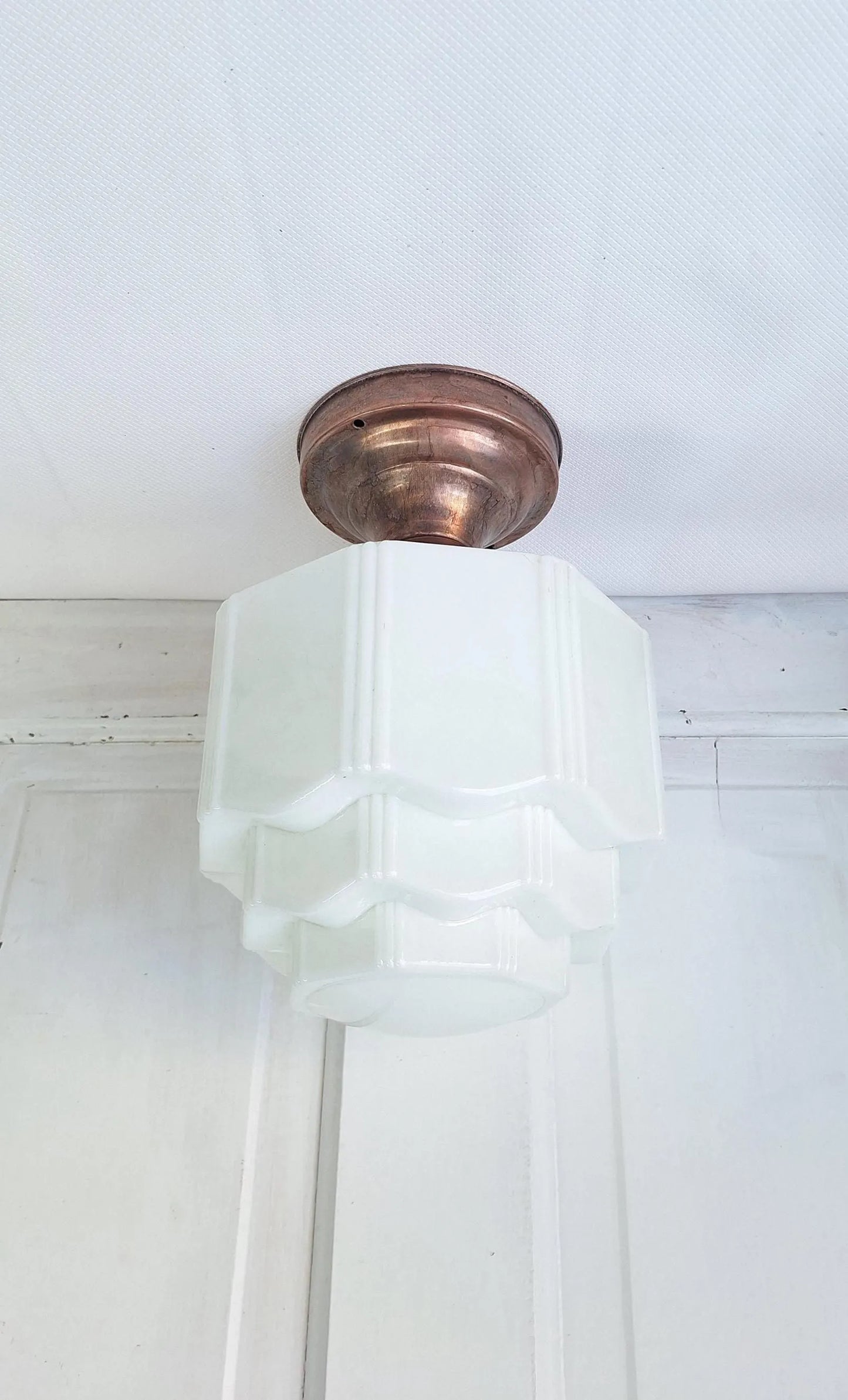 Wedding Cake Flush Mount White Glass with Brass Base, Empire Shade Light, Antique Milk Glass Light Architecture Salvage 080302