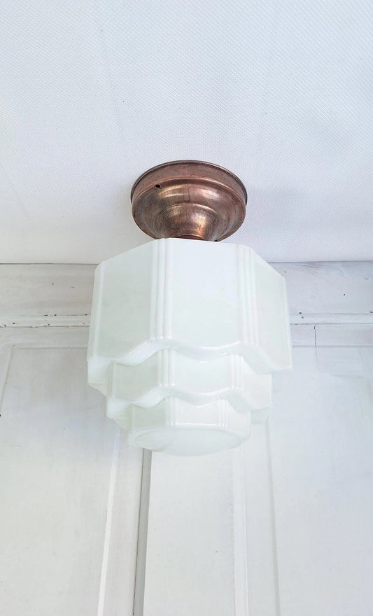 Wedding Cake Flush Mount White Glass with Brass Base, Empire Shade Light, Antique Milk Glass Light Architecture Salvage 080302