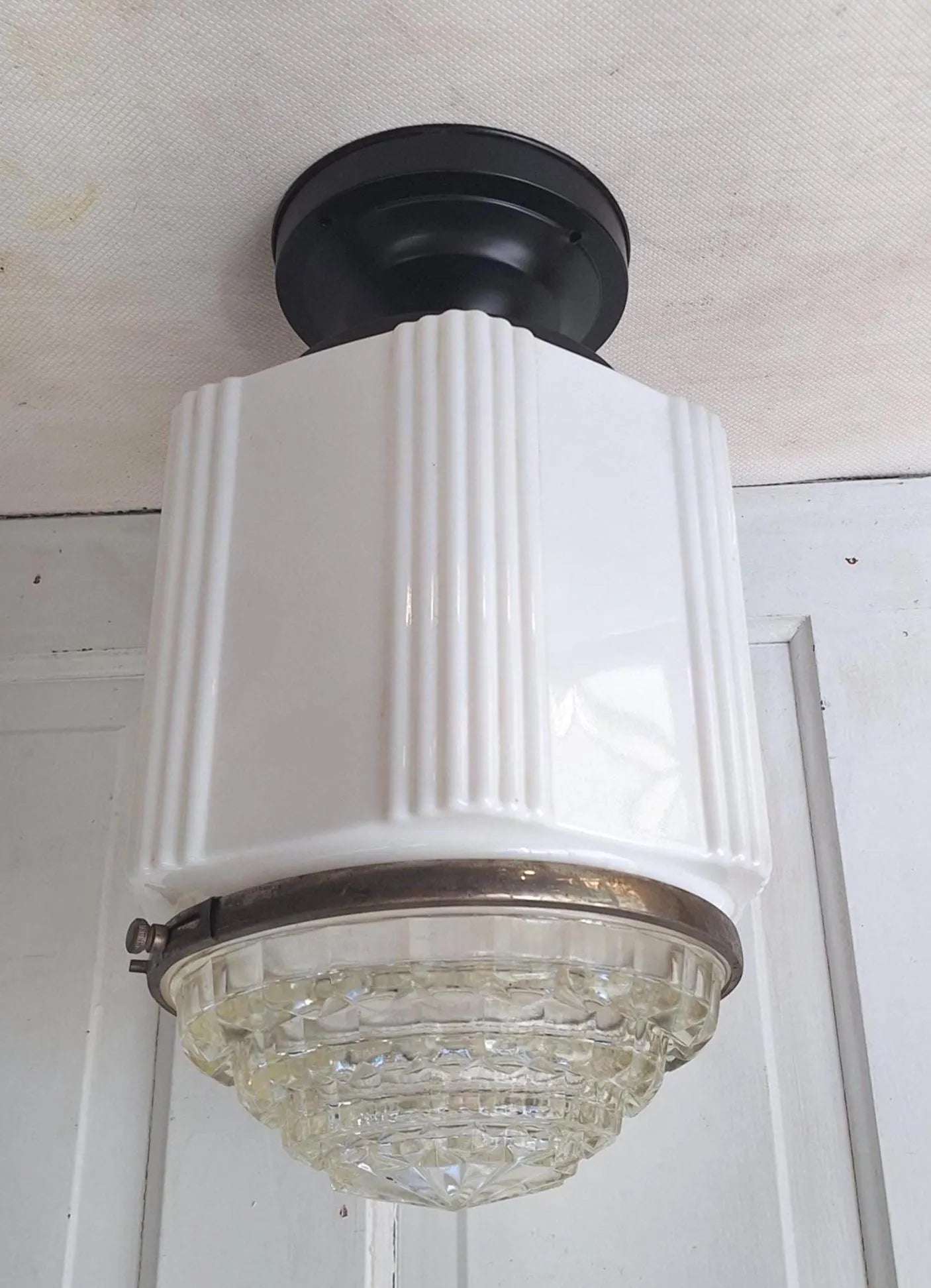 Two Piece Vintage Faceted Clear and White Glass Flush Mount, Schoolhouse or Skyscraper Light, Salvaged Antique Art Deco Light Salvage 072705