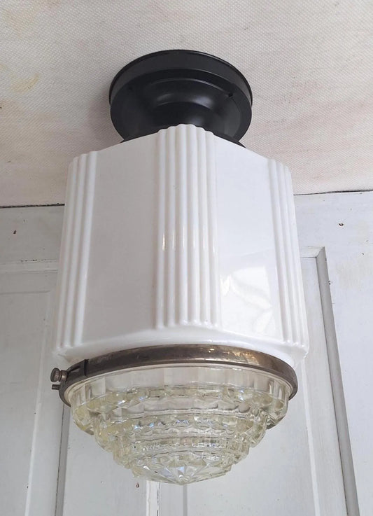 Two Piece Vintage Faceted Clear and White Glass Flush Mount, Schoolhouse or Skyscraper Light, Salvaged Antique Art Deco Light Salvage 072705