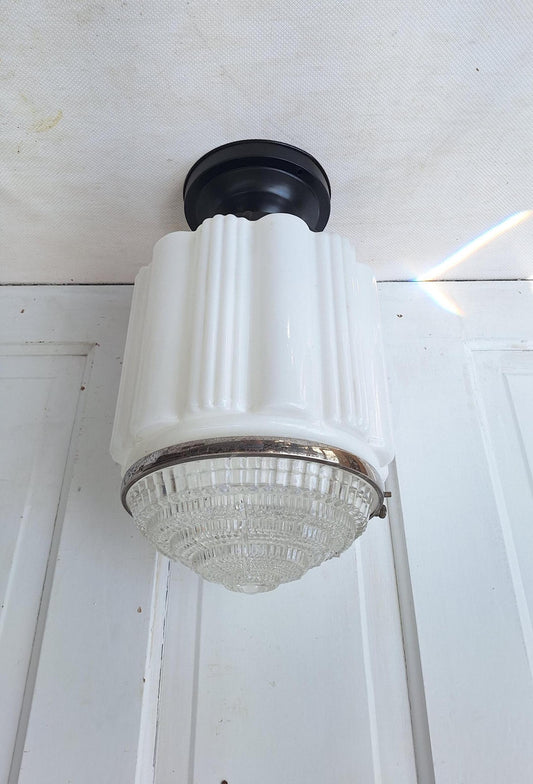 Two Piece Vintage Faceted Clear and White Glass Flush Mount, Schoolhouse or Skyscraper Light, Salvaged Antique Art Deco Light Salvage 072704