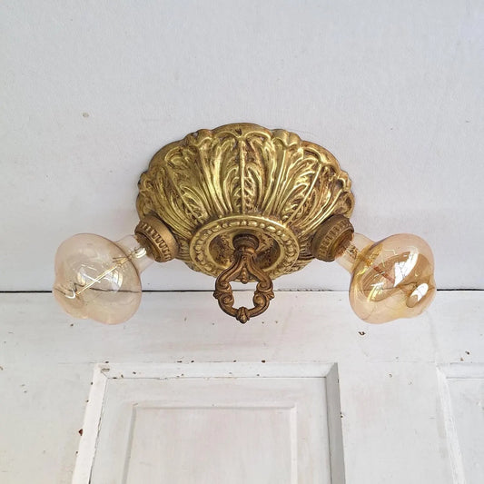 Art Deco Brass Flush Mount Light: Antique Two-Socket Ceiling Fixture