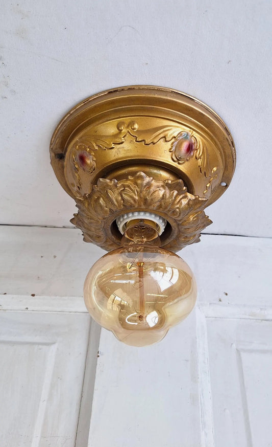 Deco Brass Flush Mount Light: Rewired Antique Fixture with Hand Painted Detailing