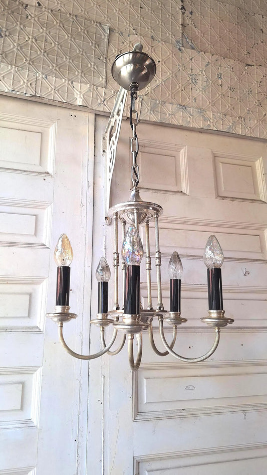 Antique Silver Plated Five Arm Chandelier:  Candelabra Style, Architectural Salvage
