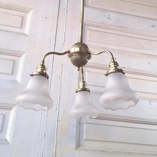 48" Antique Chandelier with Ruffled Etched Glass Shades, Tall Vintage Brass Chandelier Light