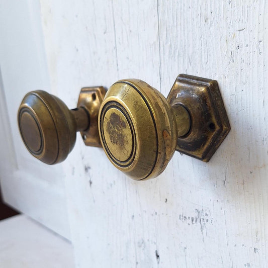 Vintage Brass Craftsman Hardware Set, Deco Door Plates and Knobs