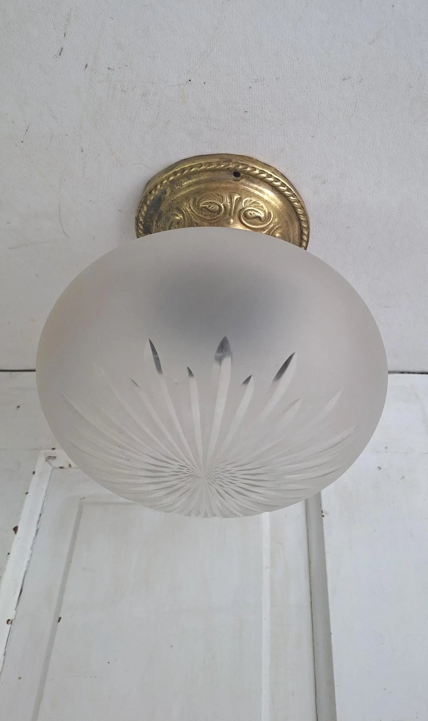 Cut Glass and Brass Antique Ceiling Light, Beveled Glass Globe Flush Mount Fixture