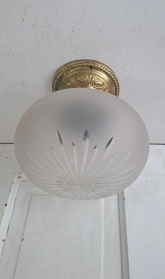 Cut Glass and Brass Antique Ceiling Light, Beveled Glass Globe Flush Mount Fixture