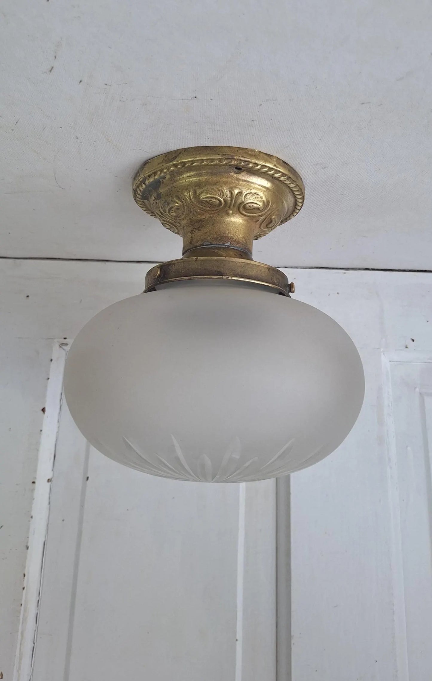 Cut Glass and Brass Antique Ceiling Light, Beveled Glass Globe Flush Mount Fixture
