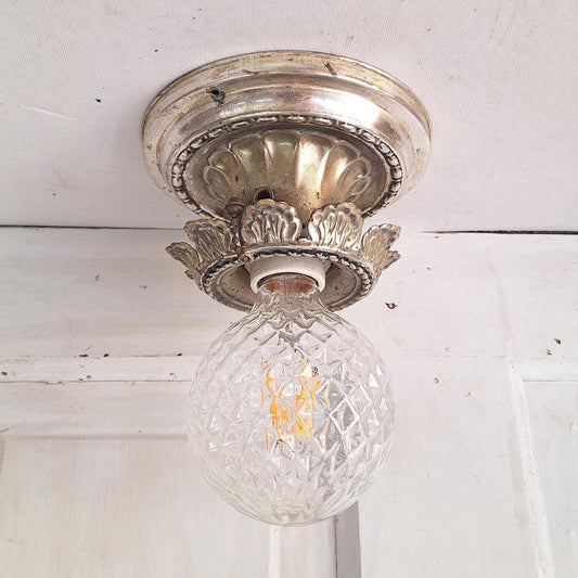 Silver Plated Brass Flush Mount Light: Rewired Antique Fixture with Leaf Detailing