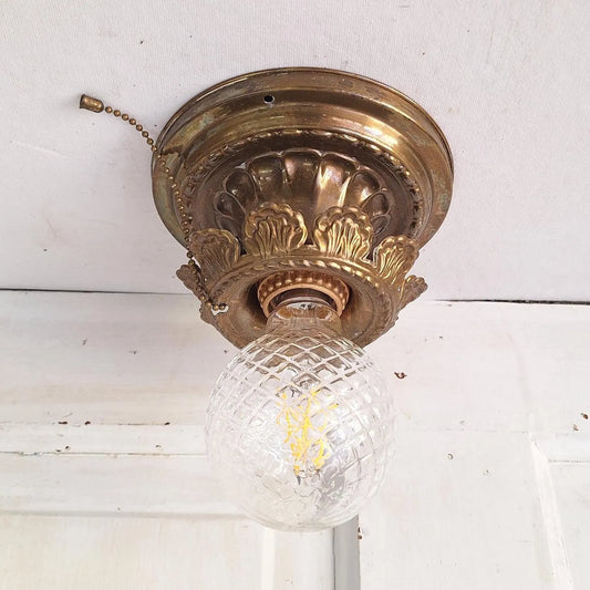 Pull Chain Brass Flush Mount Light: Rewired Antique Fixture with Leaf Detailing