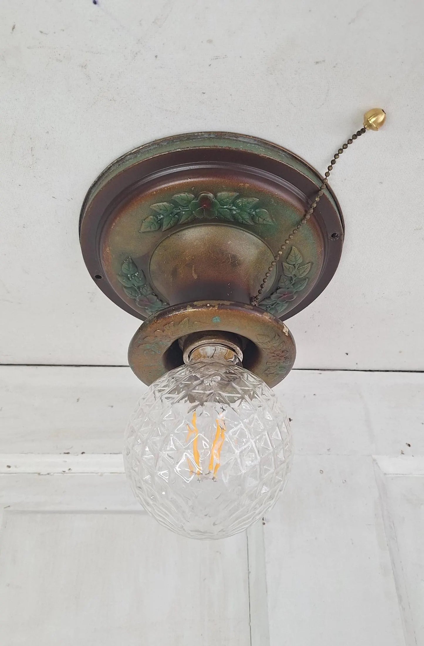 Stamped Brass Flush Mount Light: Rewired Antique Fixture with Rose Detailing