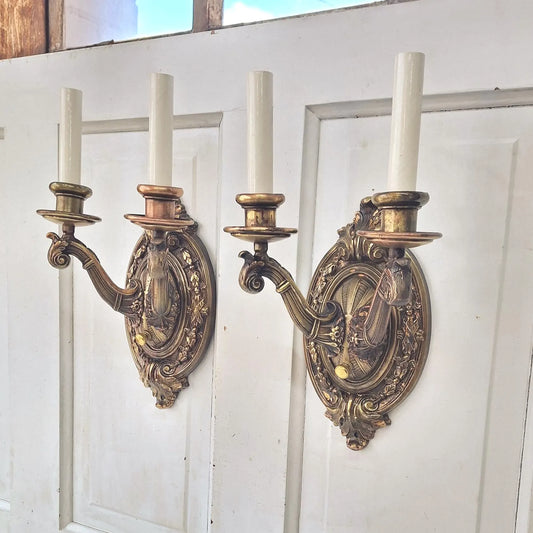 Pair of Antique Two Arm Bronze Plated Sconces, Two Antique Wall Sconce Lights with Candle Sockets
