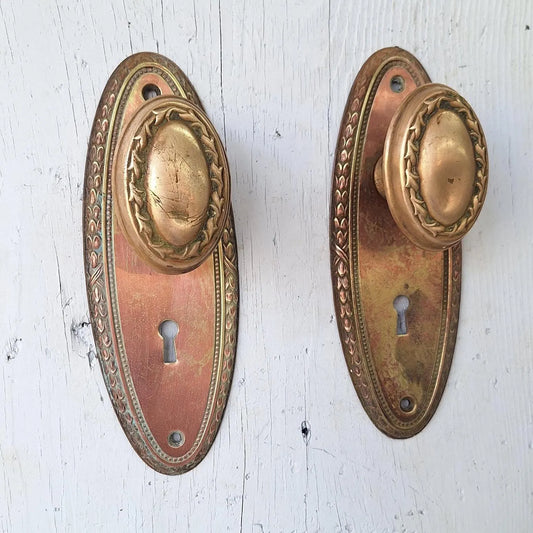 Fancy Oval Brass Doorknobs and Plates, Antique Door Hardware Set