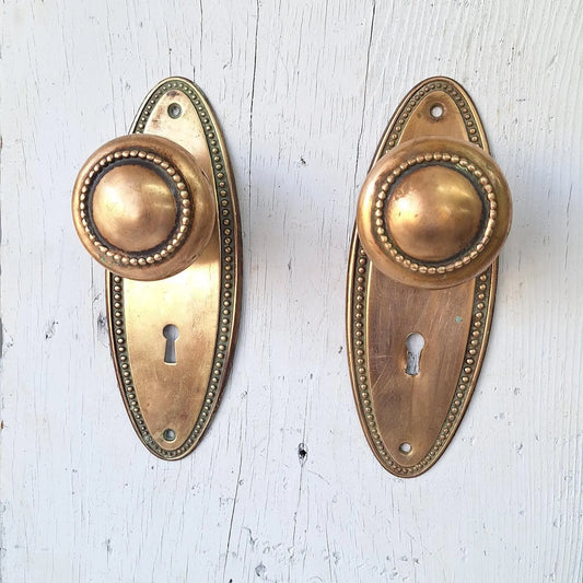 Set of Oval Brass Doorknobs and Plates, Antique Door Hardware Set