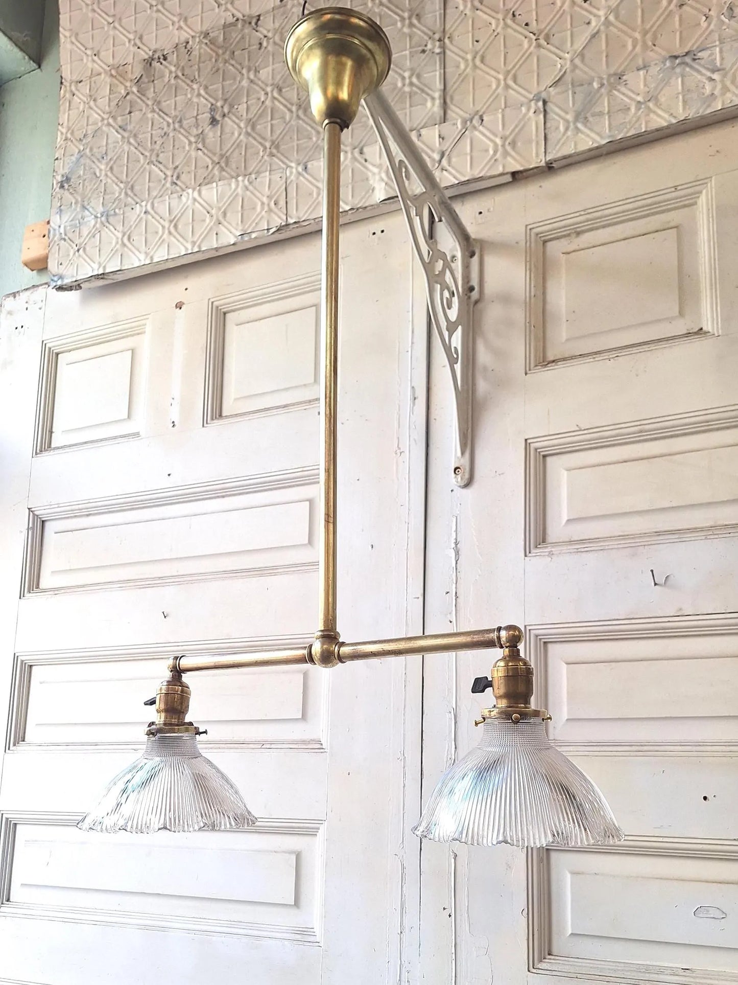 Vintage Holophane Chandelier, Brass and Prismatic Glass Light Fixture