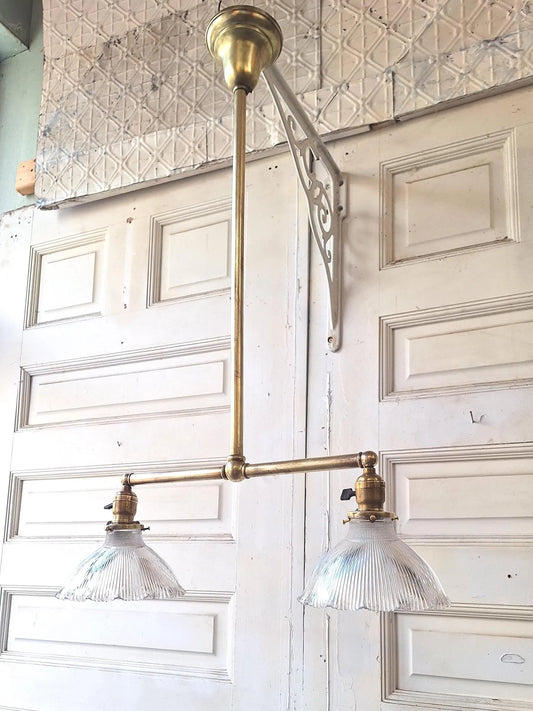 Vintage Holophane Chandelier, Brass and Prismatic Glass Light Fixture