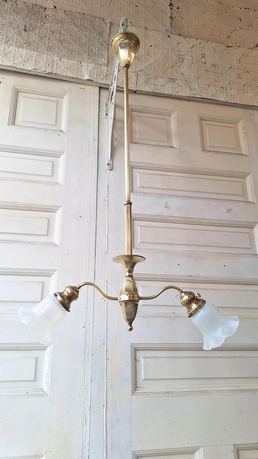 Etched Glass Antique Chandelier: Victorian Brass and Opalescent Glass Light