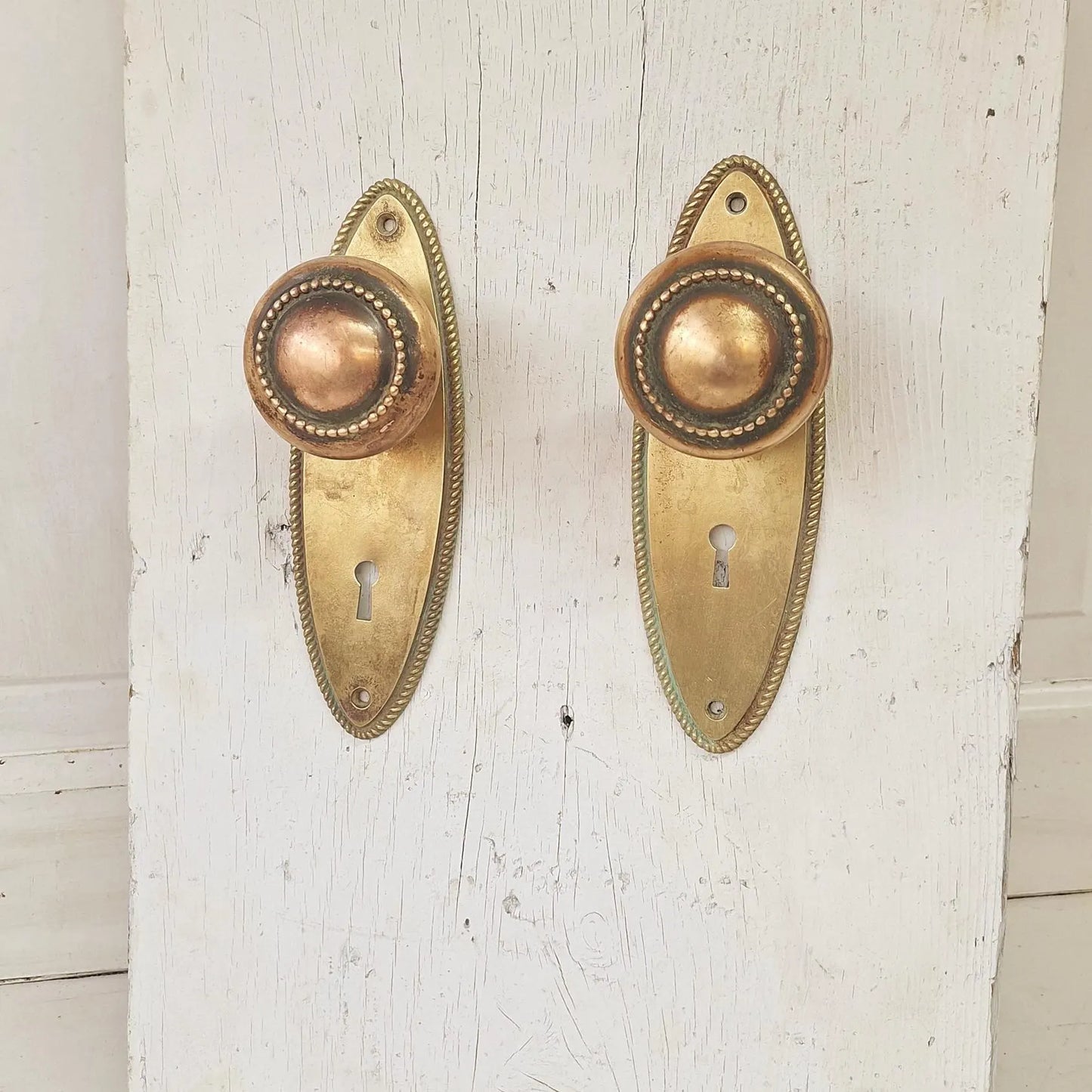 Set of Oval Style Doorknobs and Plates, Antique Brass Door Hardware Set