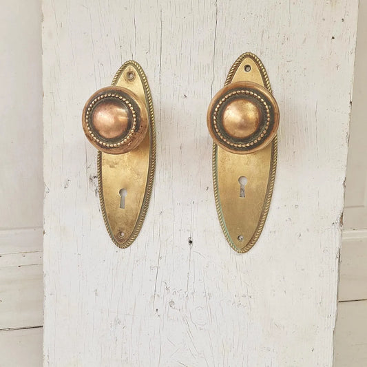 Set of Oval Style Doorknobs and Plates, Antique Brass Door Hardware Set