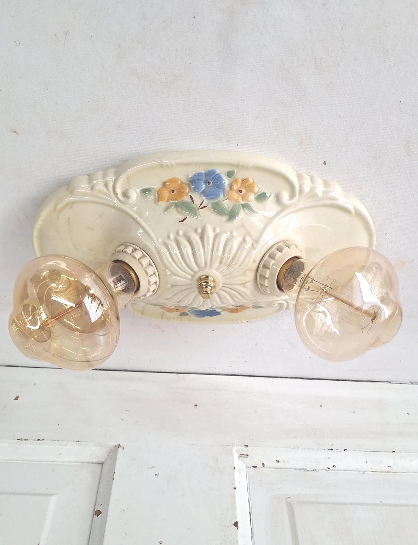 Two Bulb Floral Design Porcelier Light, Art Deco Light Fixture