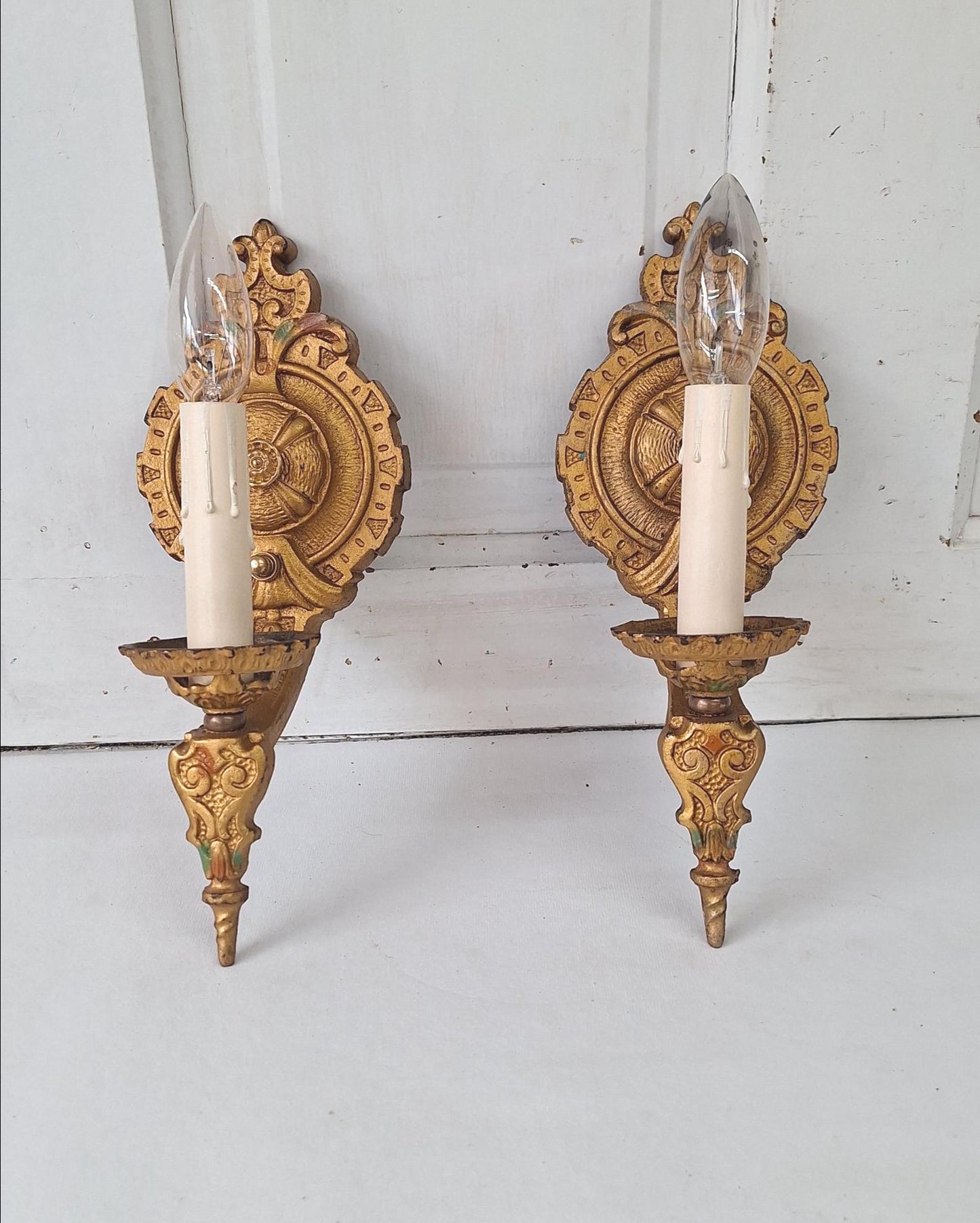 Polychrome Antique Gold Sconce Pair, Art Deco Gold Painted Wall Lights