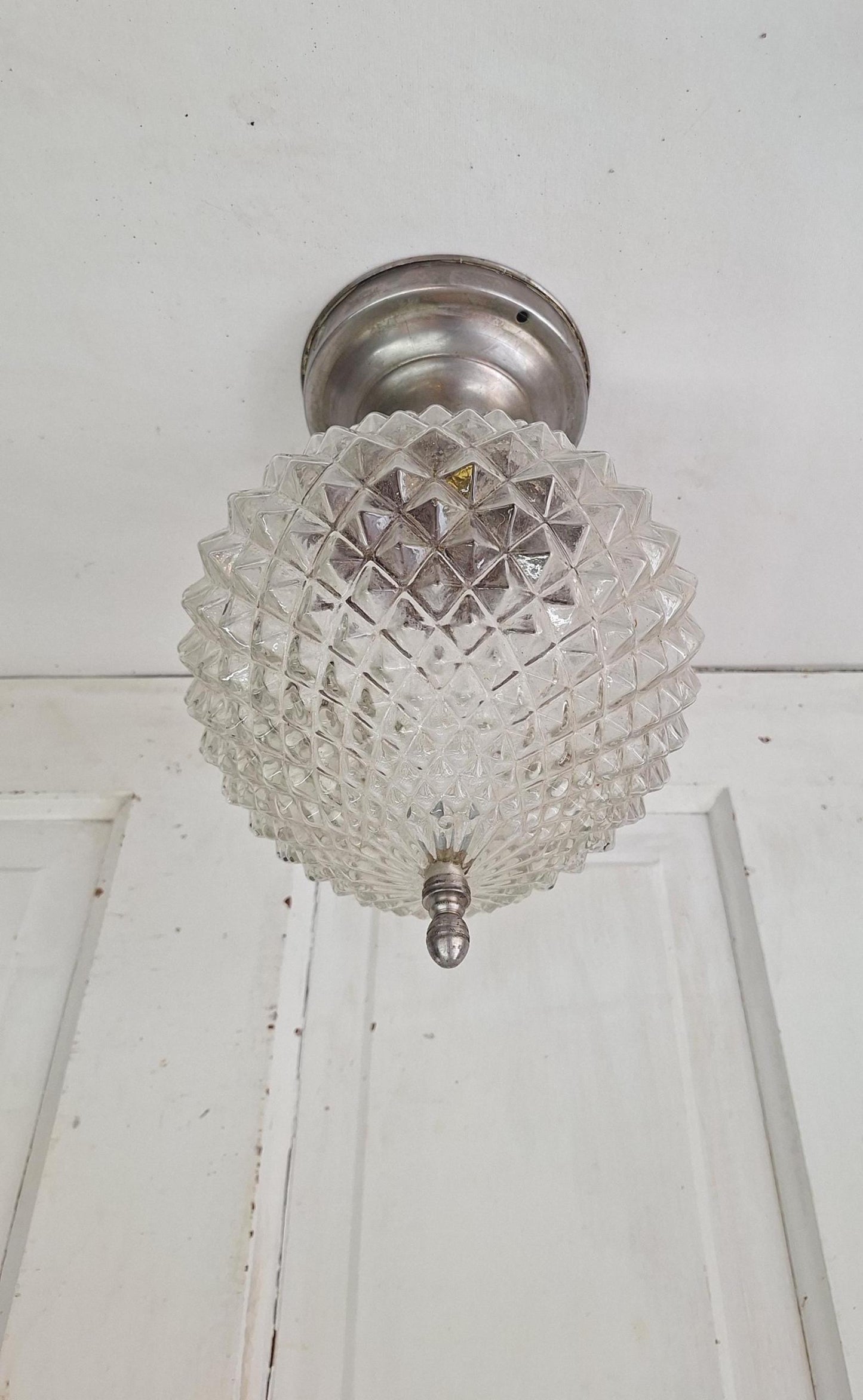 MCM Geometric Molded Glass Light, Faceted Mid Century Flush Mount