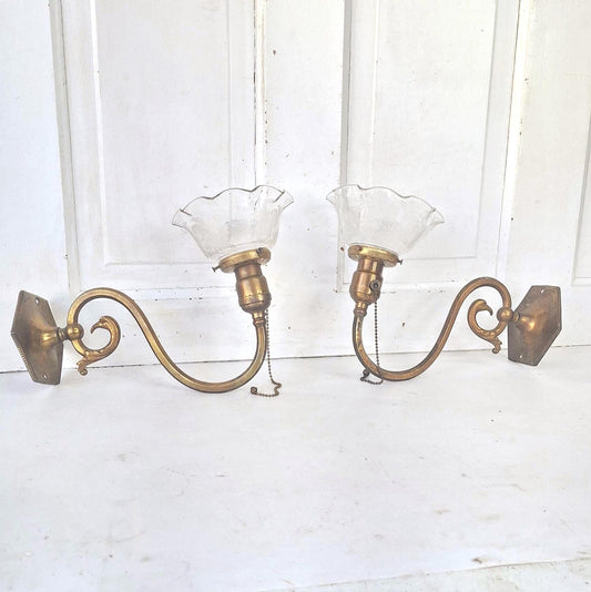 Antique Brass Sconces with Etched Glass Shades and Bird Carvings