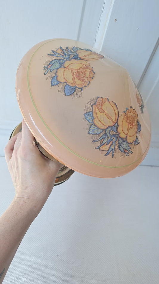 Iridescent Pink and Orange Flower Design Glass, Flush Mount Vintage Light, Brass and Pink Glass Art Deco Style Ceiling Light 062803