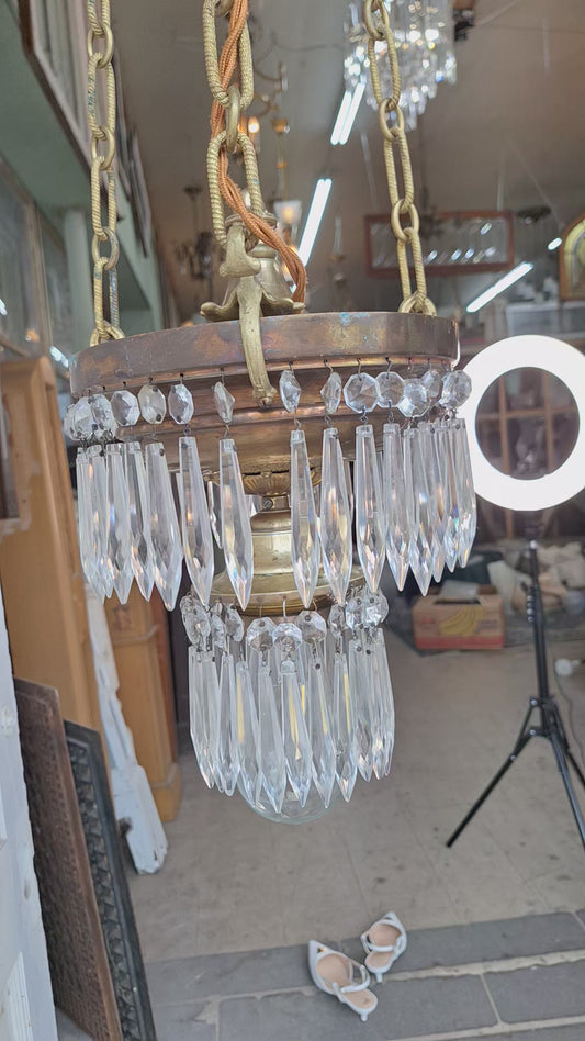 Small Vintage Brass and Crystal Chandelier, Vintage Wedding Cake Light, Empire Style 061401
