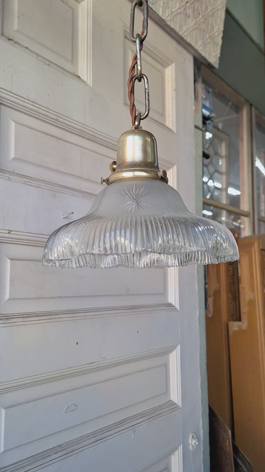 Cut Glass Antique Tulip Shade Pendant Light, Hanging Vintage Light with Chain and White Glass Shade with Fluted Edges