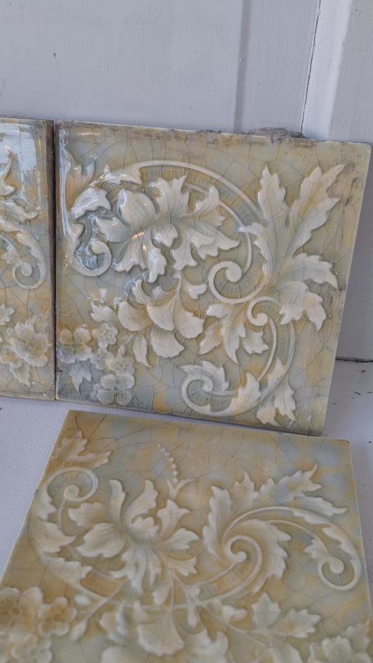 Cream Yellow and Blue Victorian Tile Fireplace Set, Mottle Glaze Hearth Tile, Antique Floor Tile, Antique Salvaged Trent Tile 112002