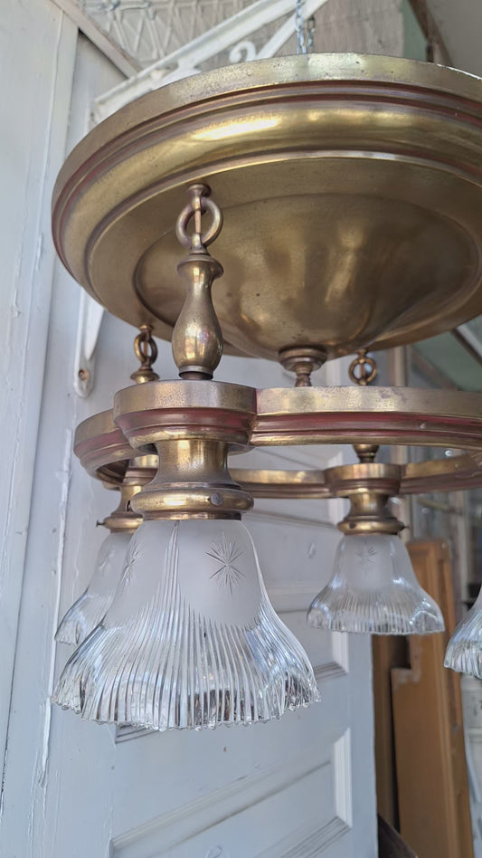 Four Light Antique Brass Pan Light, Brass Ornate Chandelier, Antique Brass Light, Victorian Light, Art Deco Craftsman Lighting 062102