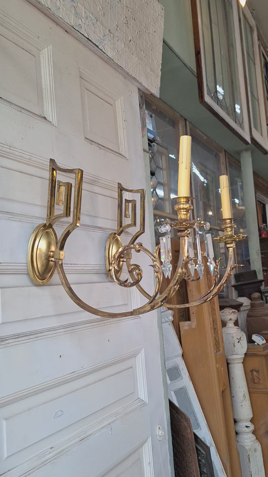 Pair of Gilded Wall Sconces, Candlestick Antique Gold Leaf Sconces, Crystal and Gold Wall Lights, Architecture Salvage