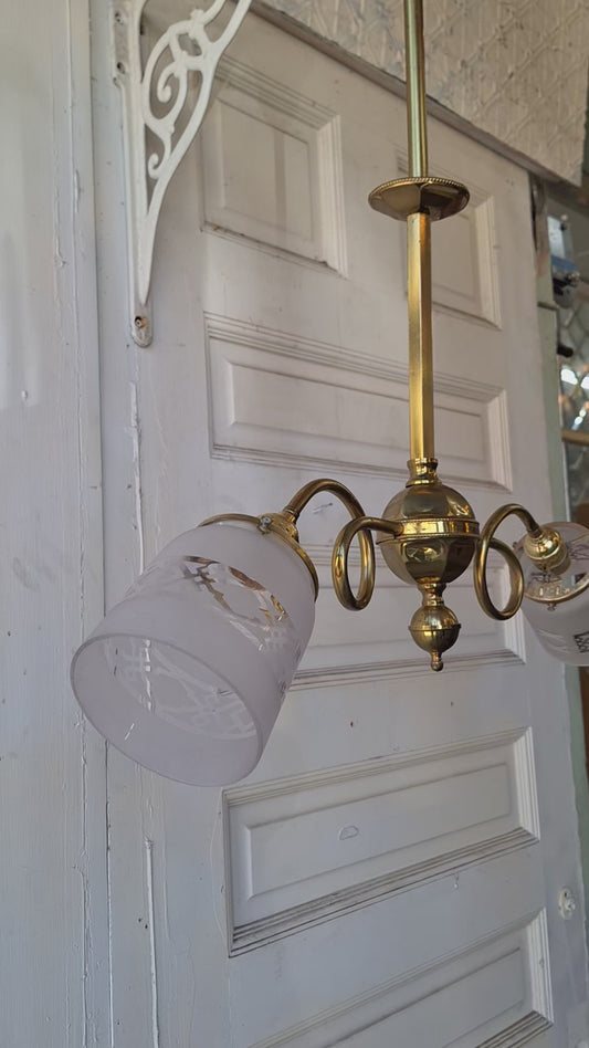 Early Brass and Frosted Glass Antique Chandelier, Victorian Era Brass Chandelier Light 022502