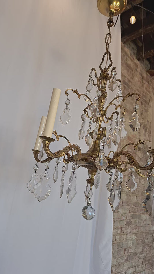 5 Candle Vintage Gold and Crystal Spanish Chandelier, Hollywood Regency Crystal Ceiling Light