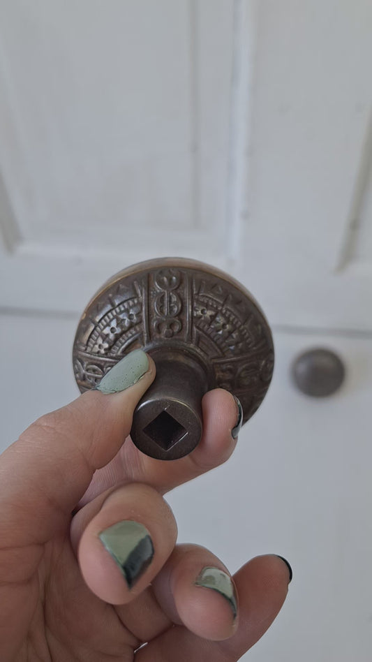 Pair of Asymmetrical Flower Design Iron and Bronze Antique Doorknob, Antique Flower Door Knob with Bronze Band, Architecture Salvage 012301
