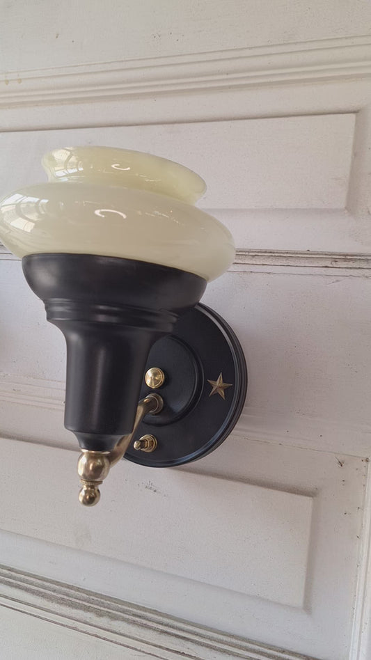 Custard Glass Slip Shade Wall Sconces, Pair of Art Deco Star Design Sconces, Black and Gold Wall Sconce Lights, Art Deco Lighting 060307
