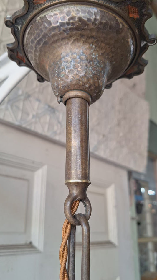 Moe Bridges Vintage 1930s Bronze and Polychrome Chandelier, Antique Solid Bronze Chandelier with Painted Accents, Salvaged Ornate Chandelier