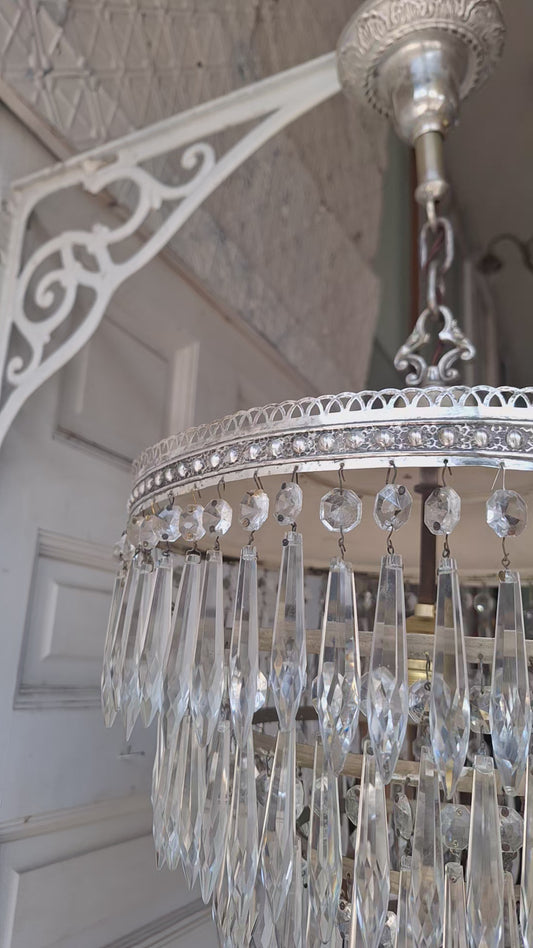 Antique Crystal Wedding Cake or Waterfall Chandelier, Empire Style Cut Glass Tiered Light 072703