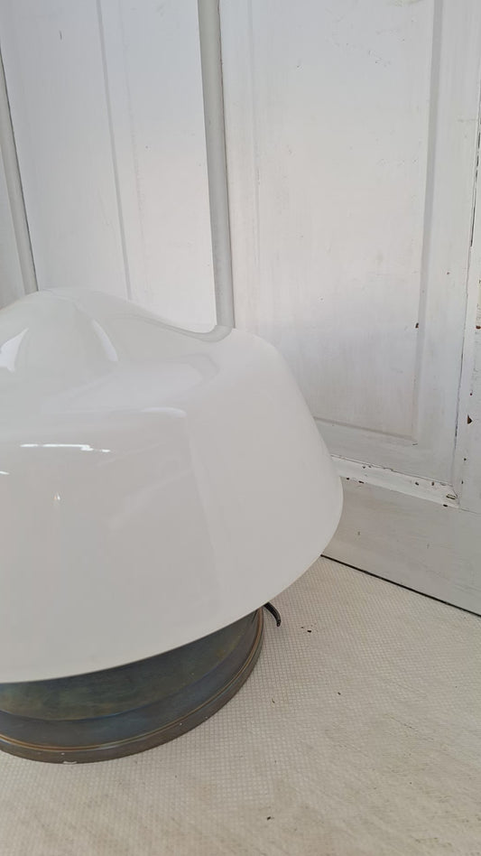 Large Vintage Brass & Milk Glass School House Light, Vintage White Glass Schoolhouse Flush Mount Ceiling Light, Architecture Salvage 080501