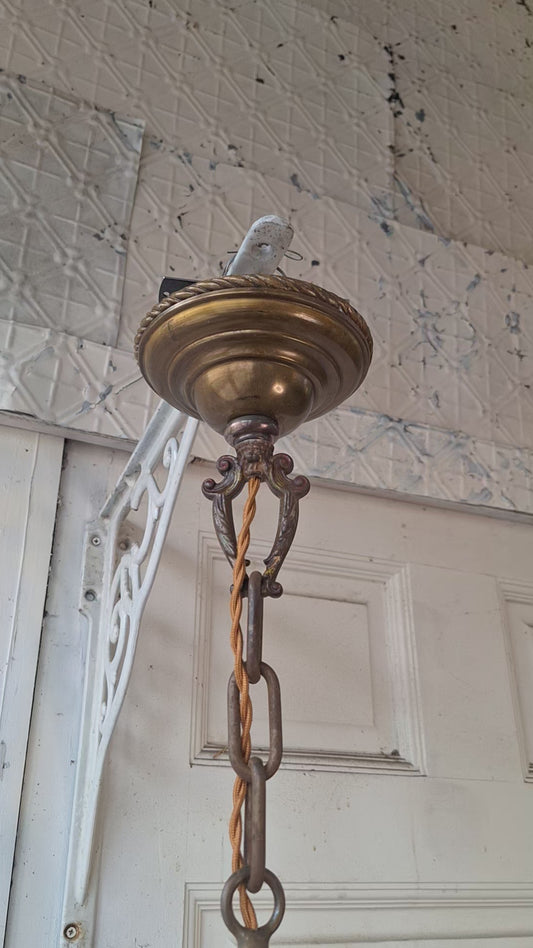 1930s Antique Polychrome Bare Bulb Chandelier with Painted Flower Detailing, Antique Gold Chandelier Red Accents, 032601