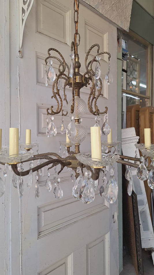 8 Candle Vintage Gold and Crystal Spanish Chandelier, Hollywood Regency Style, Crystal Ceiling Light