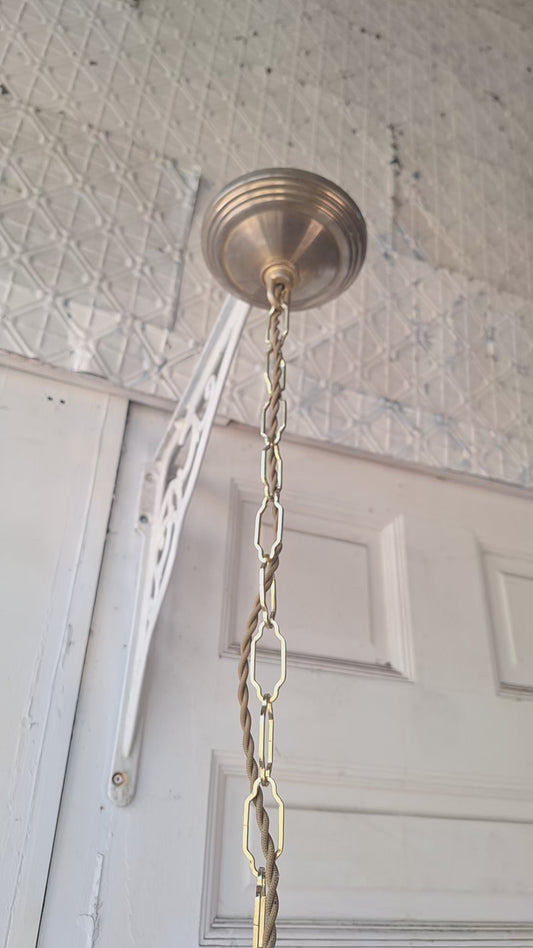 Antique Opalescent Glass Shade with Brass Base, Blown Glass Shade, Swirled Glass Vintage Pendant Light Fixture 070508