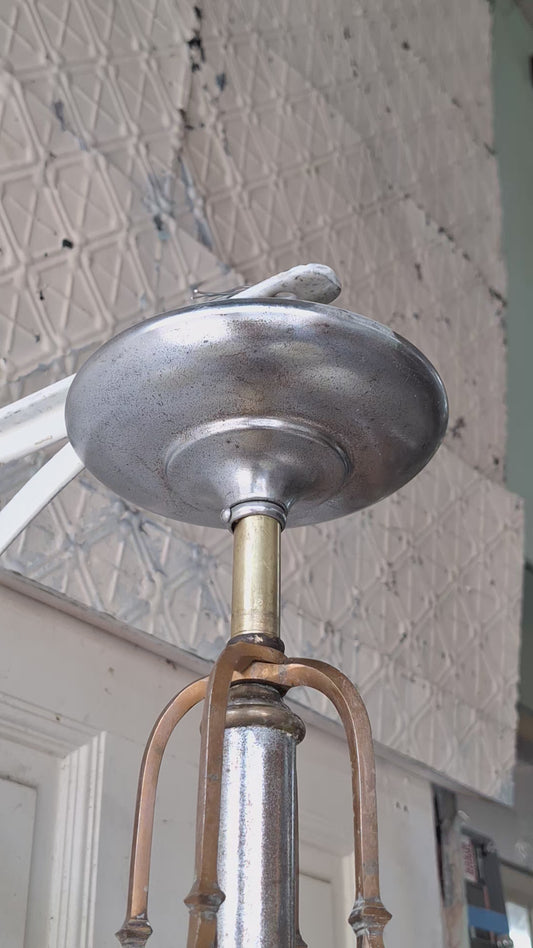 Art Deco Custard Glass Chandelier, Mixed Metal Light Silver and Bronze, Custard Slip Shade Chandelier, Architecture Salvage