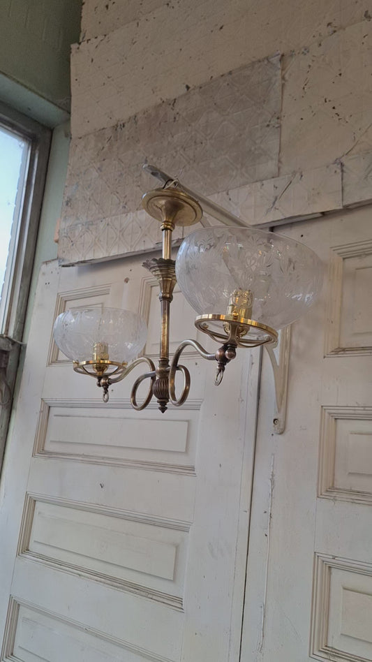 Victorian Brass Chandelier with Frosted Glass Shades, Antique Ceiling Light from Victorian Home, Converted Gas